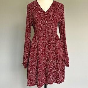 Long Sleeve Rust Red Paisley Button Down Fit and Flare Shirt Dress